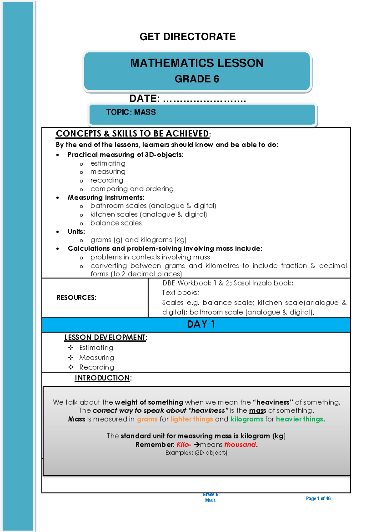 Grade 6 MASS 2021 - Mass Mathematics Topic - Page 1 of 46 Grade 6 GET ...