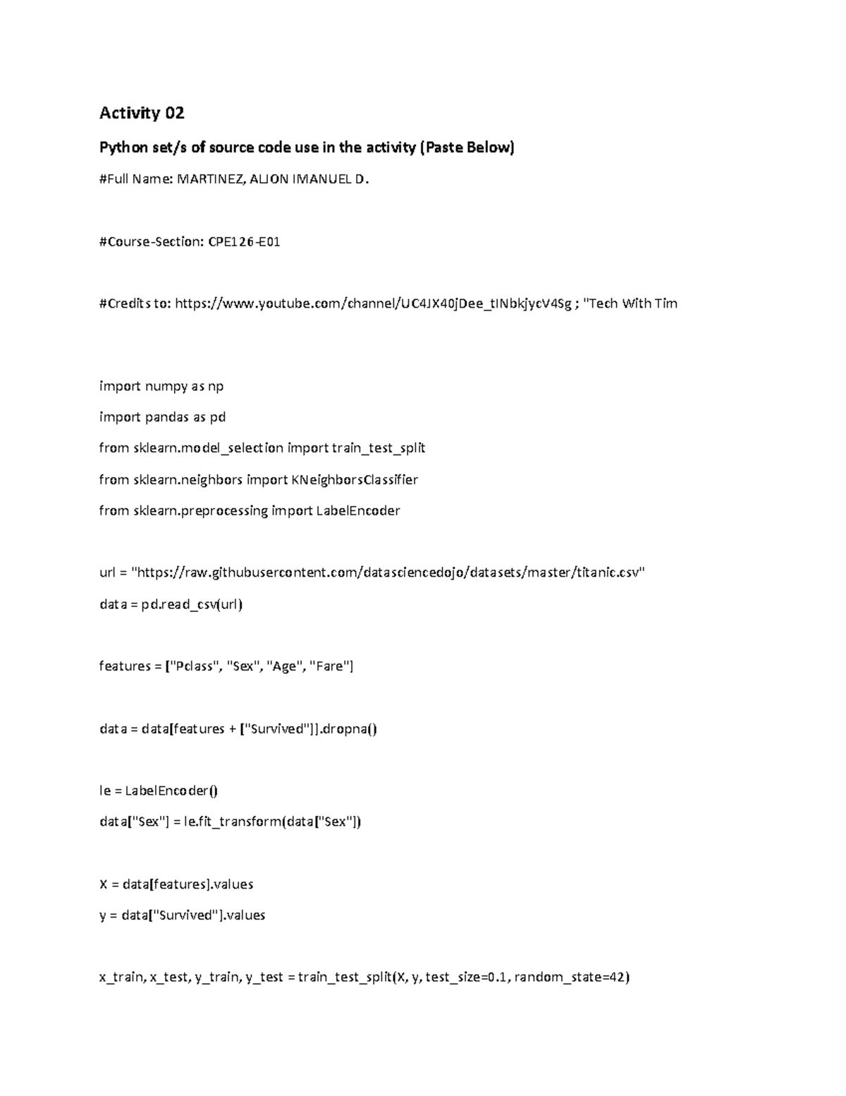 Activity 02: KNN Classification Analysis Using Titanic Dataset - Studocu