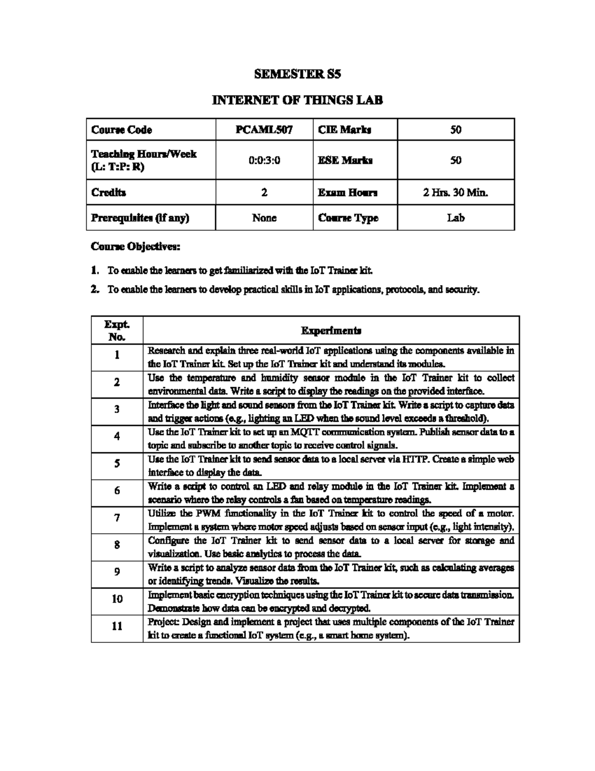 S5 PCAML507 IoT Lab Syllabus and Assessment Details - Studocu