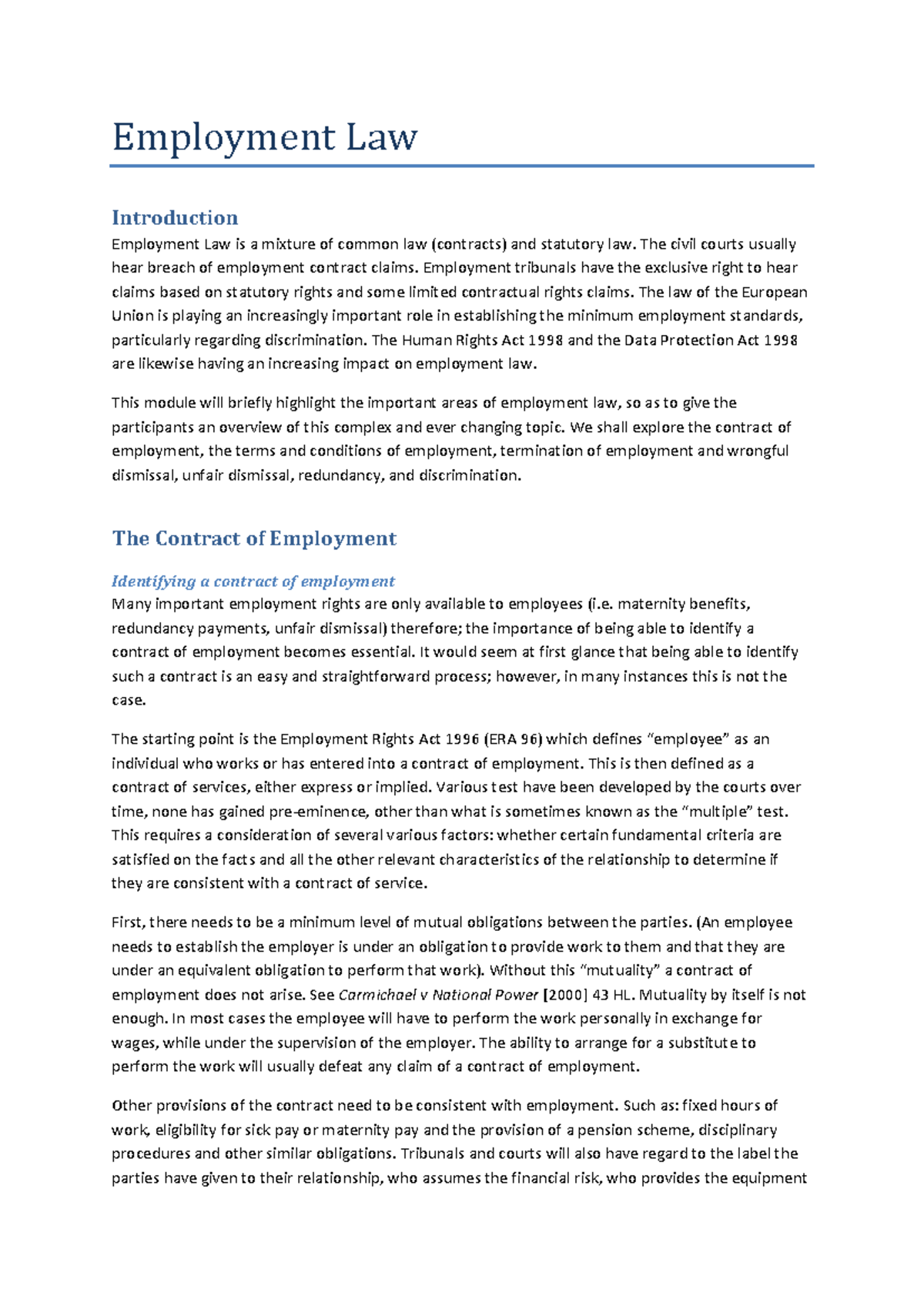 Employment Law Notes - week 6 - Employment Law Introduction Employment ...