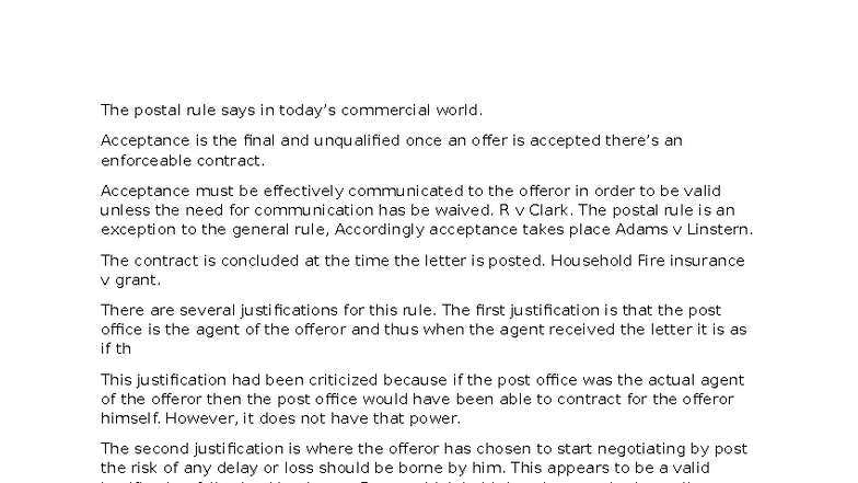 Postal Rule Essay: Analyzing Acceptance in Contract Law - Studocu