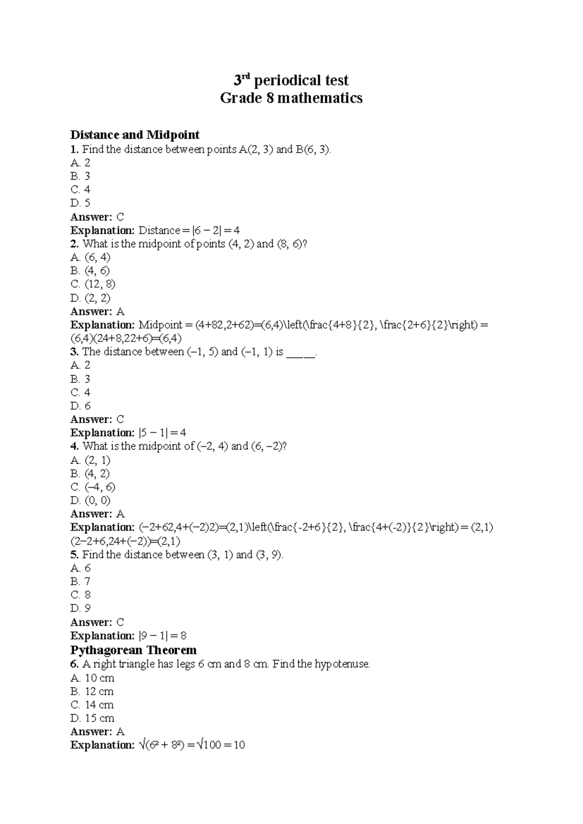 3rd Periodical Test Grade 8 Math: Distance, Midpoint & More - Studocu