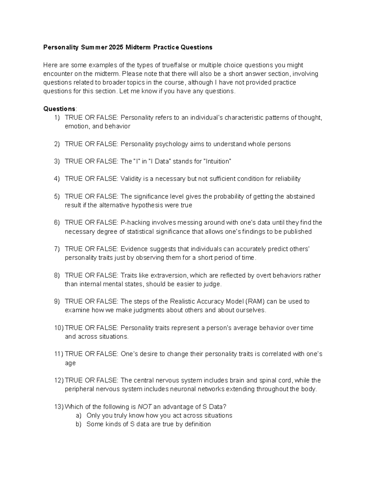 Personality PSY 101 Summer 2025 Midterm Practice Questions - Studocu