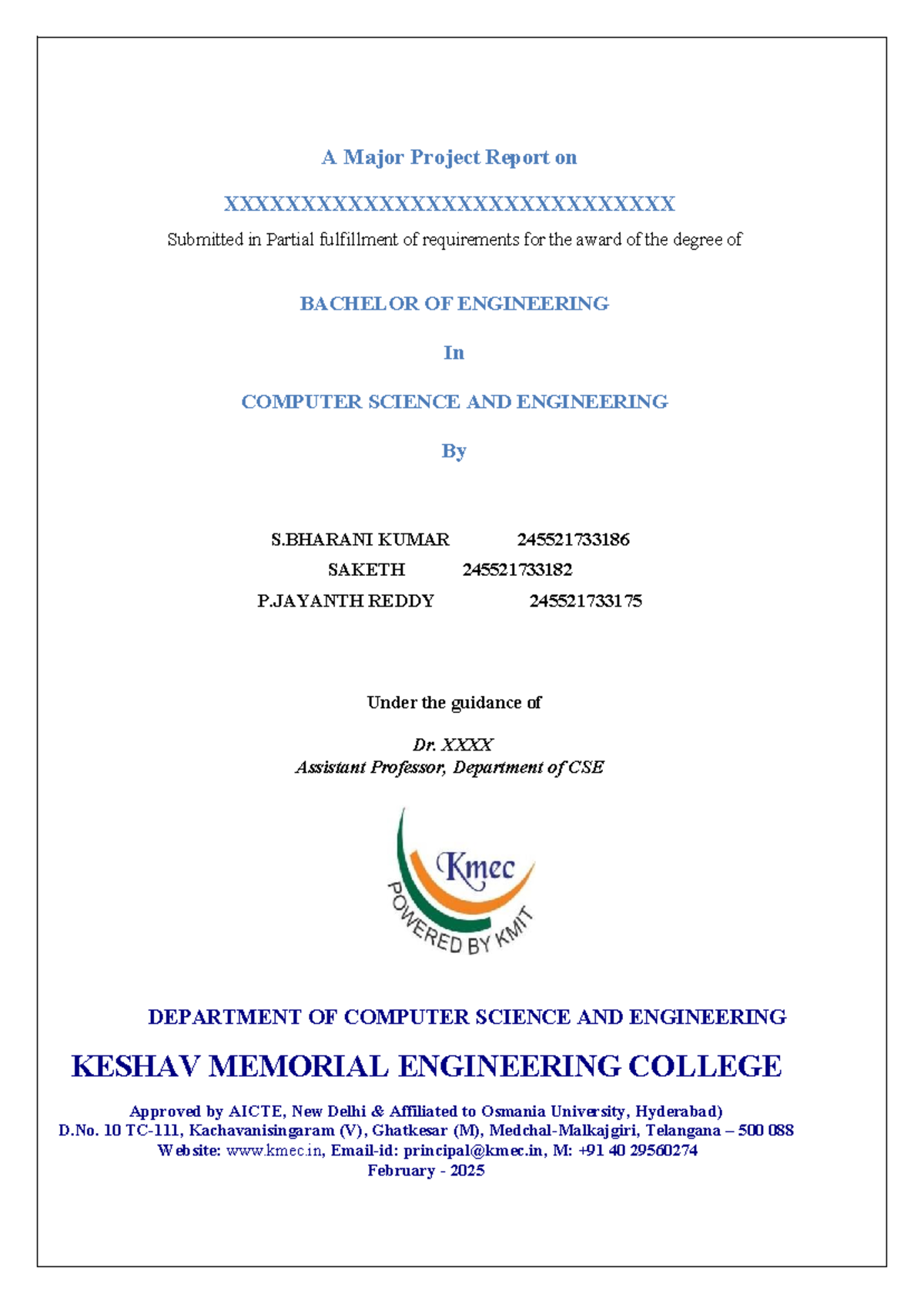 Major Project - Document Format KMEC - CSE - A Major Project Report on ...