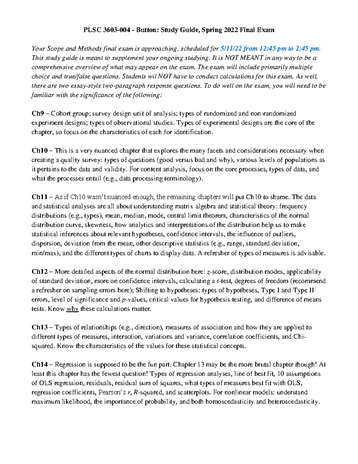 PLSC 3603-004 - Study Guide for Spring 2022 Final Exam - PLSC 3 603 ...