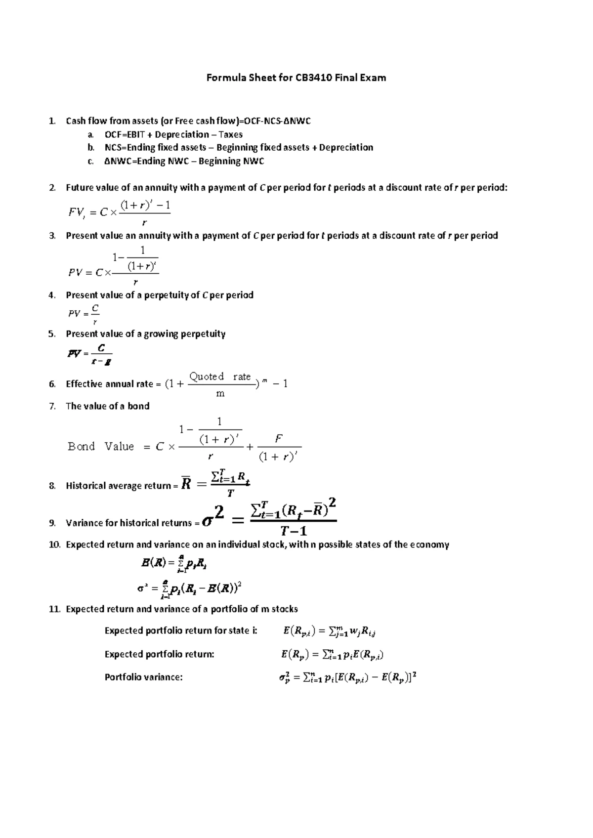 FM Final Exam Cheat Sheet: Key Concepts and Formulas - Studocu