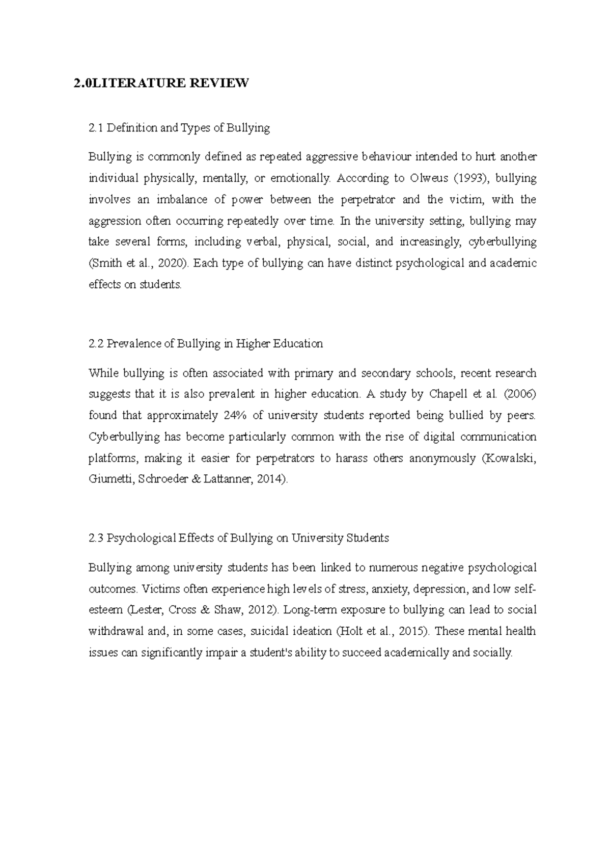 Literature Review on Bullying in Higher Education (C2) - Studocu