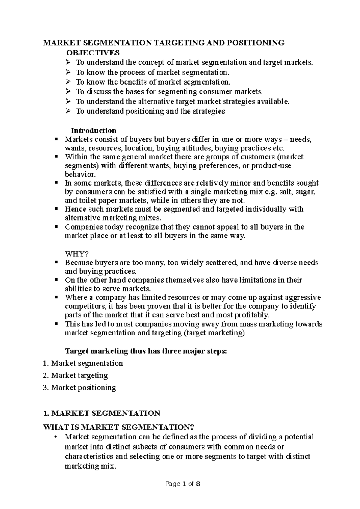 Market Segmentation and Targeting Strategies - MKT 302 Lecture Notes ...