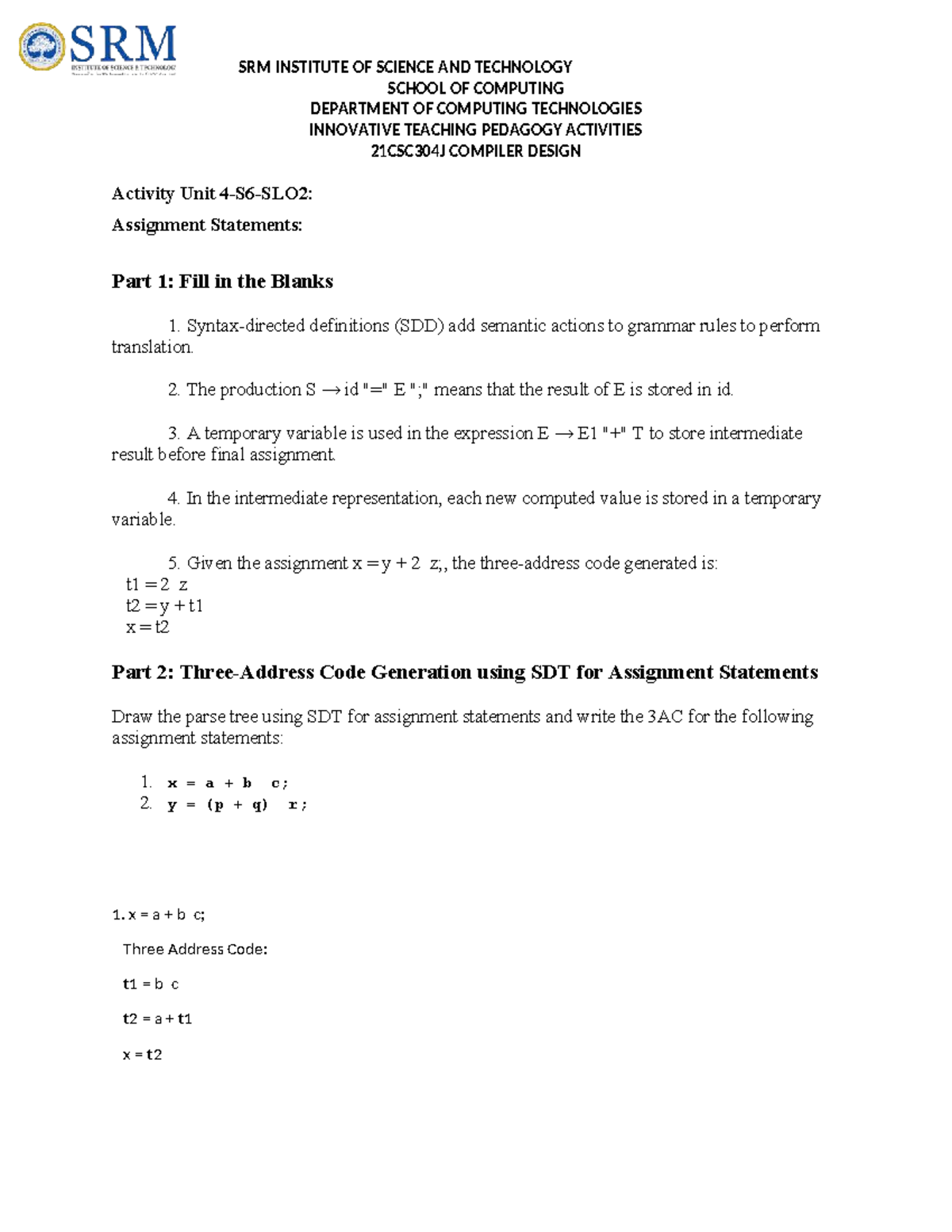 21CSC304J Compiler Design Activity: Assignment Statements & Code Gen ...