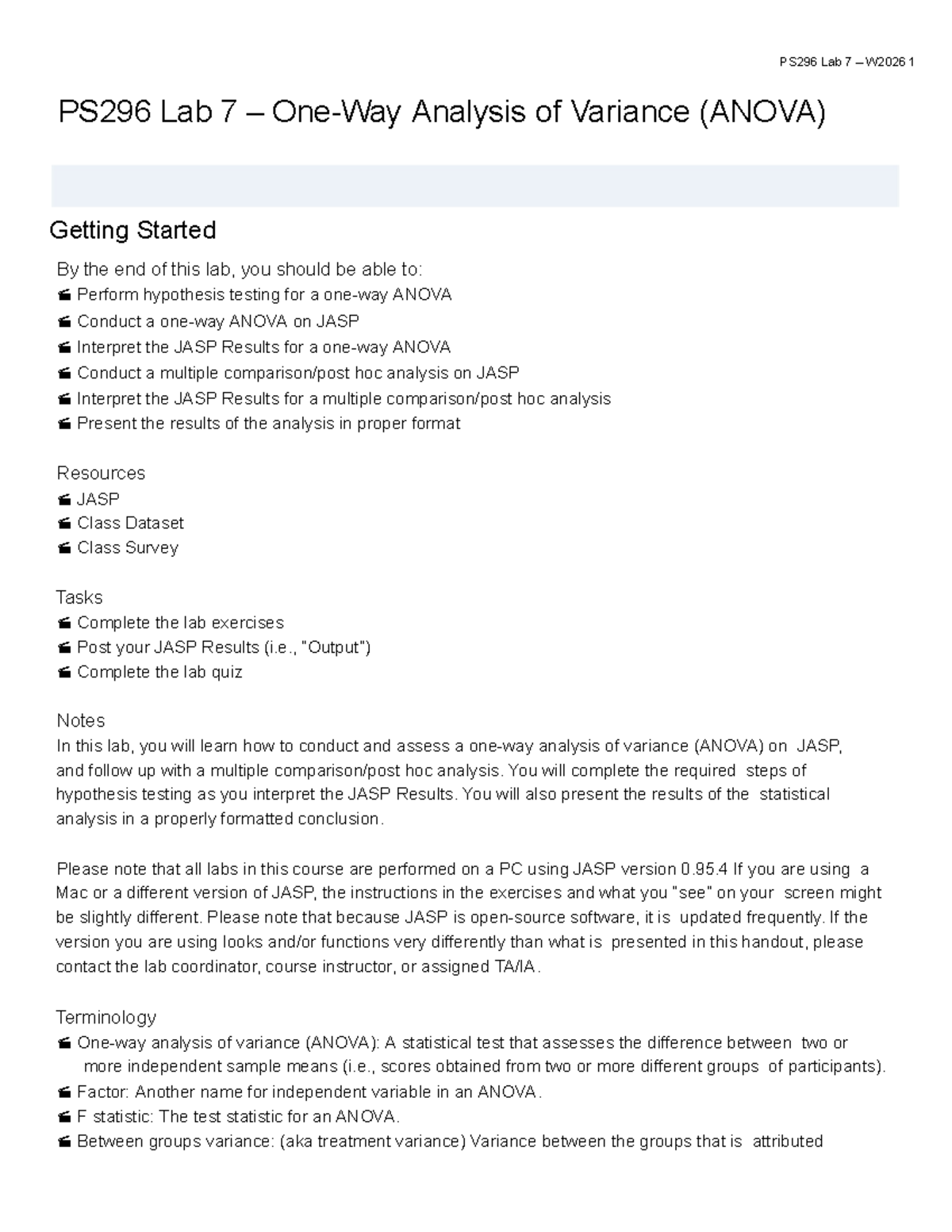PS296 Lab 7 W2026: ANOVA Analysis and JASP Results Guide - Studocu