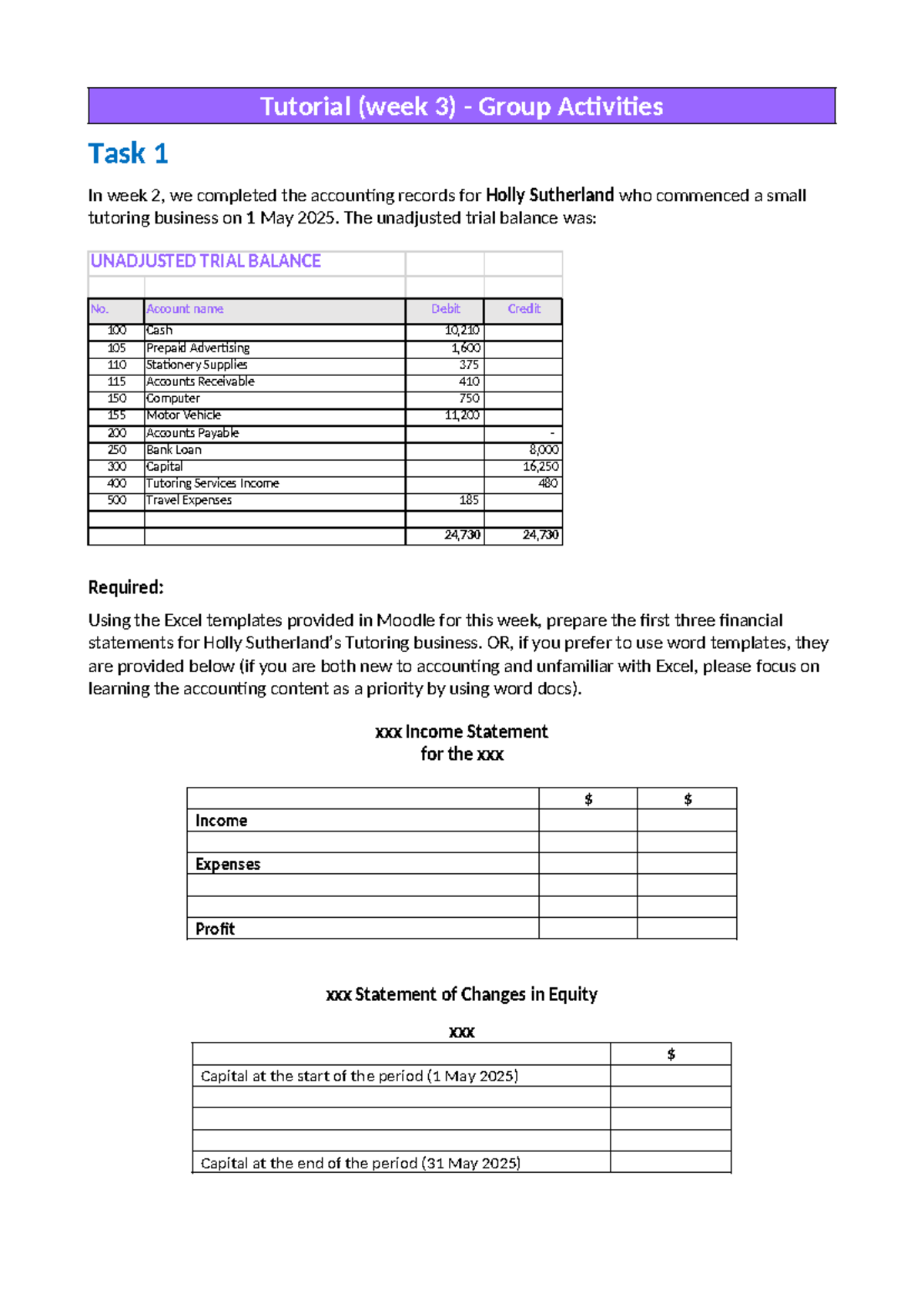 Group Activities for Tutorial Week 3: Financial Statements ...