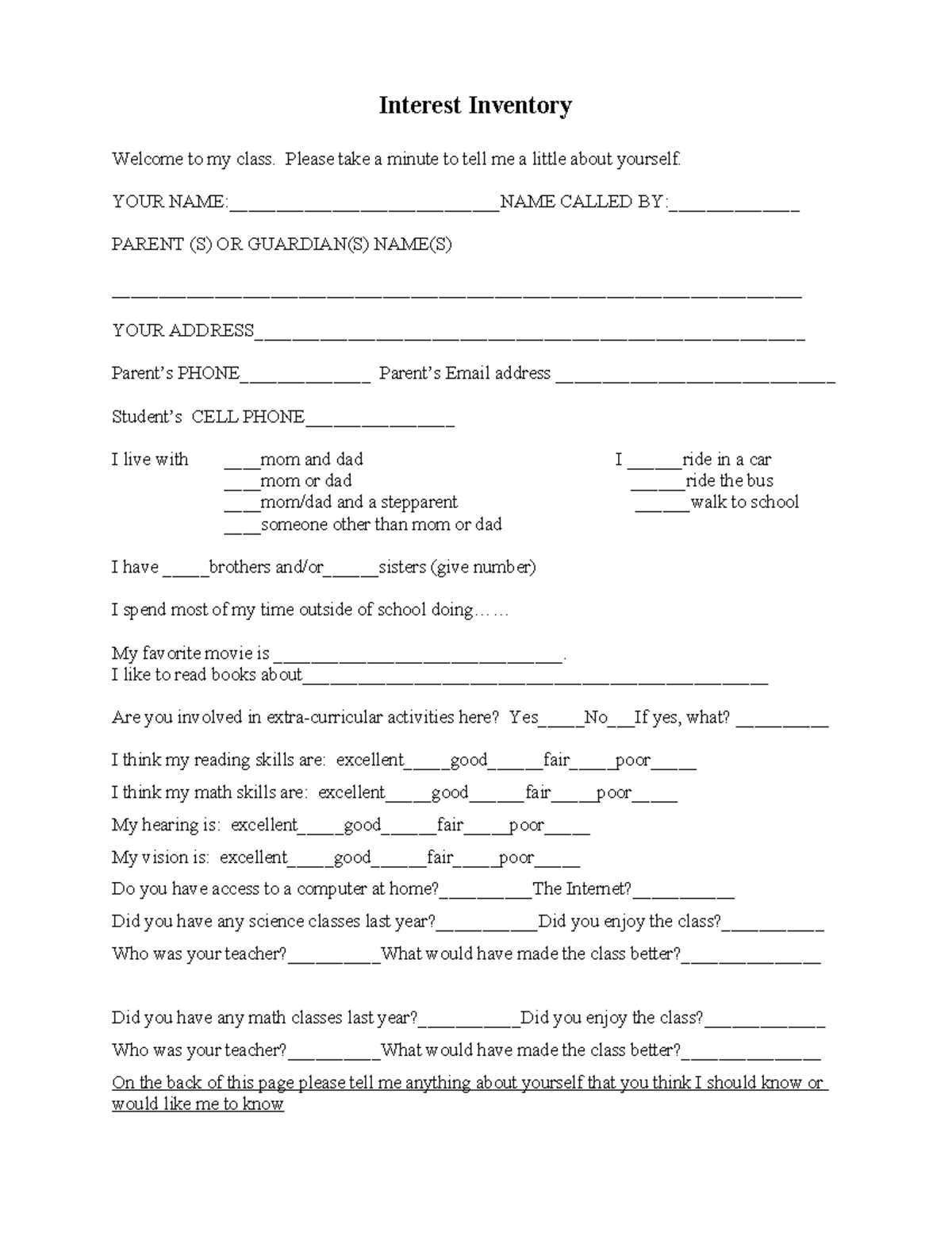Interest Inventory: Getting to Know You for Class - Studocu