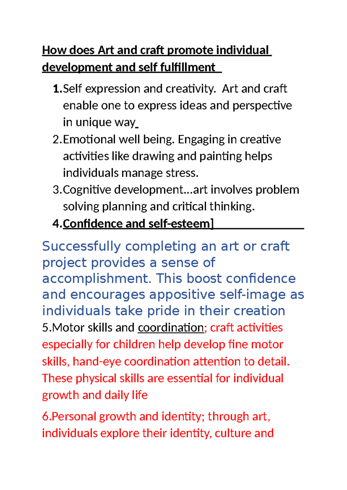 Art & Craft: Promoting Individual Development & Self-Fulfillment - Studocu