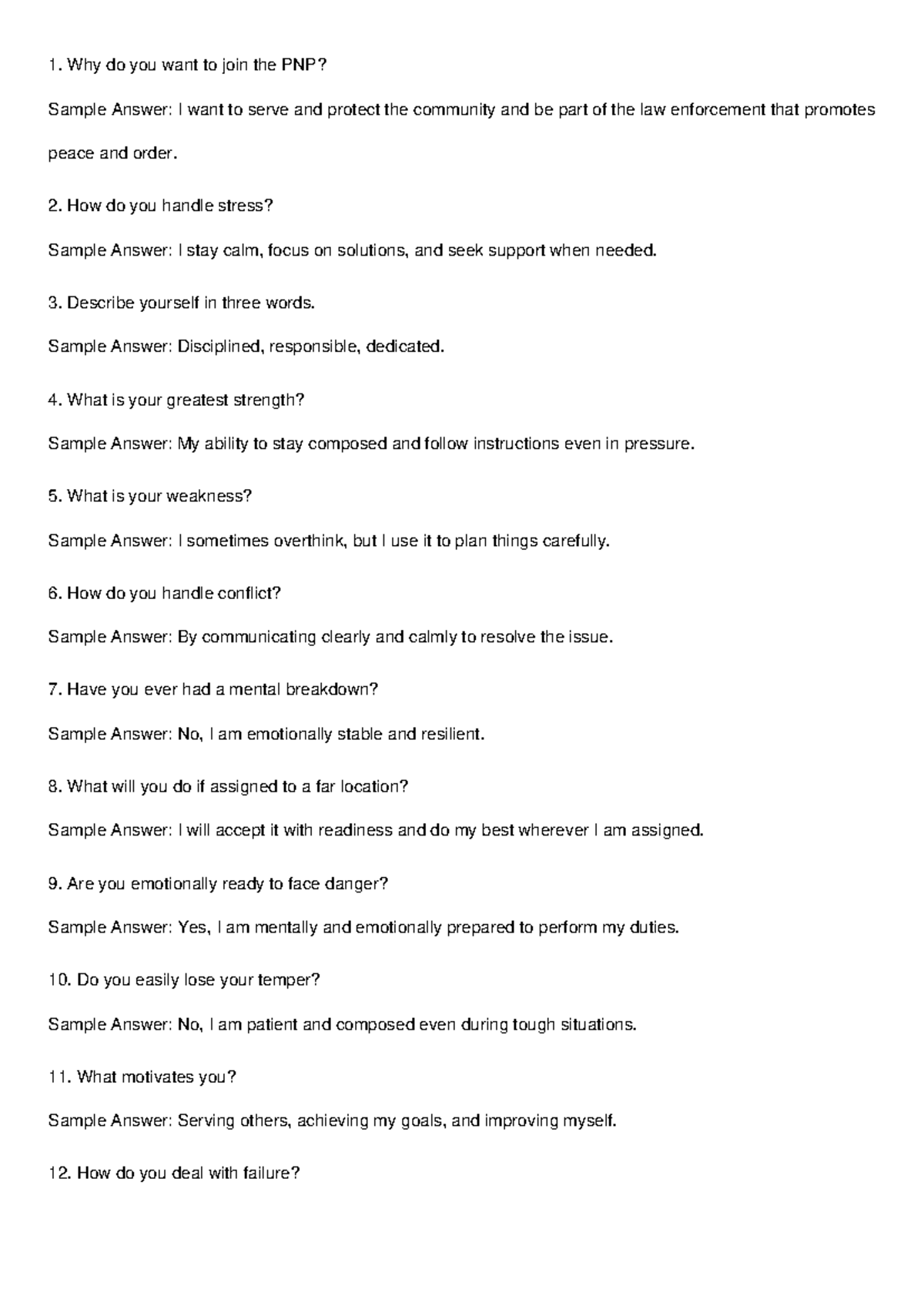 PNP Neuro Personality Interview Sample Answers 2025 - Studocu