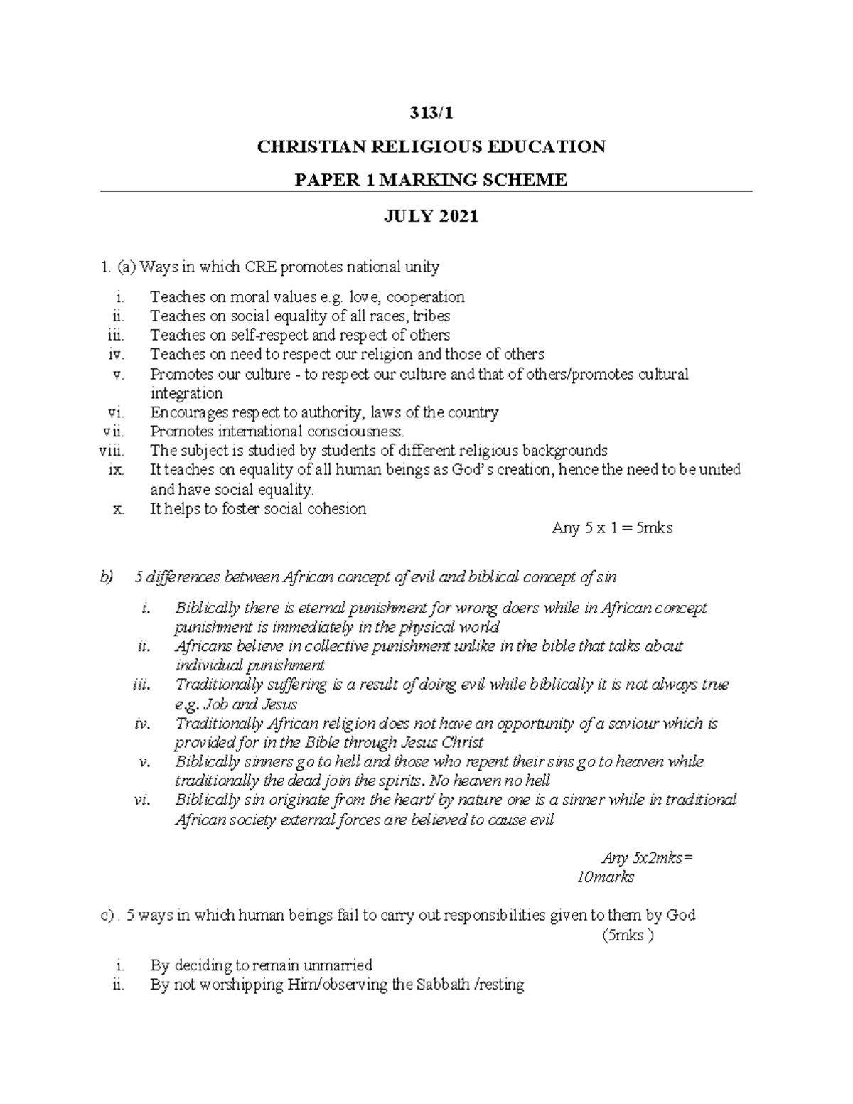 313 CRE Paper 1 Marking Scheme - July 2021 Analysis - Studocu