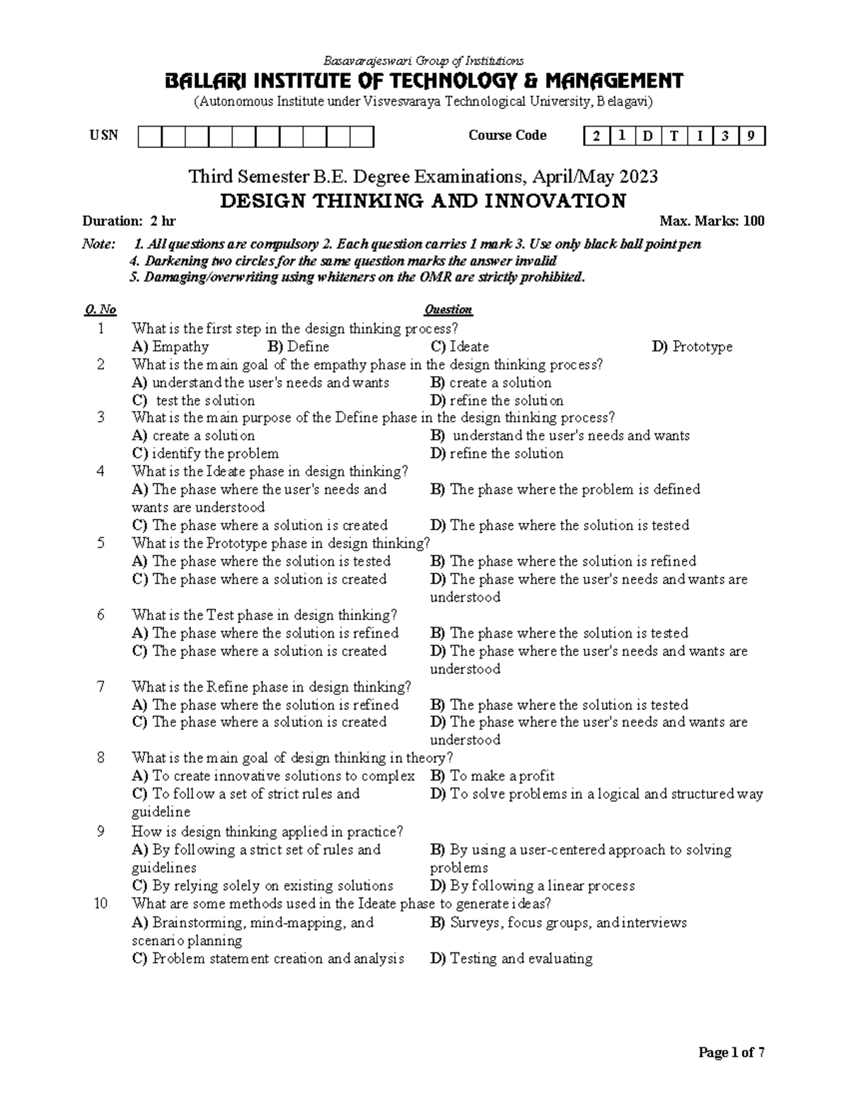 21DTI39 - Design Thinking and Innovation Midterm Exam Questions - Studocu