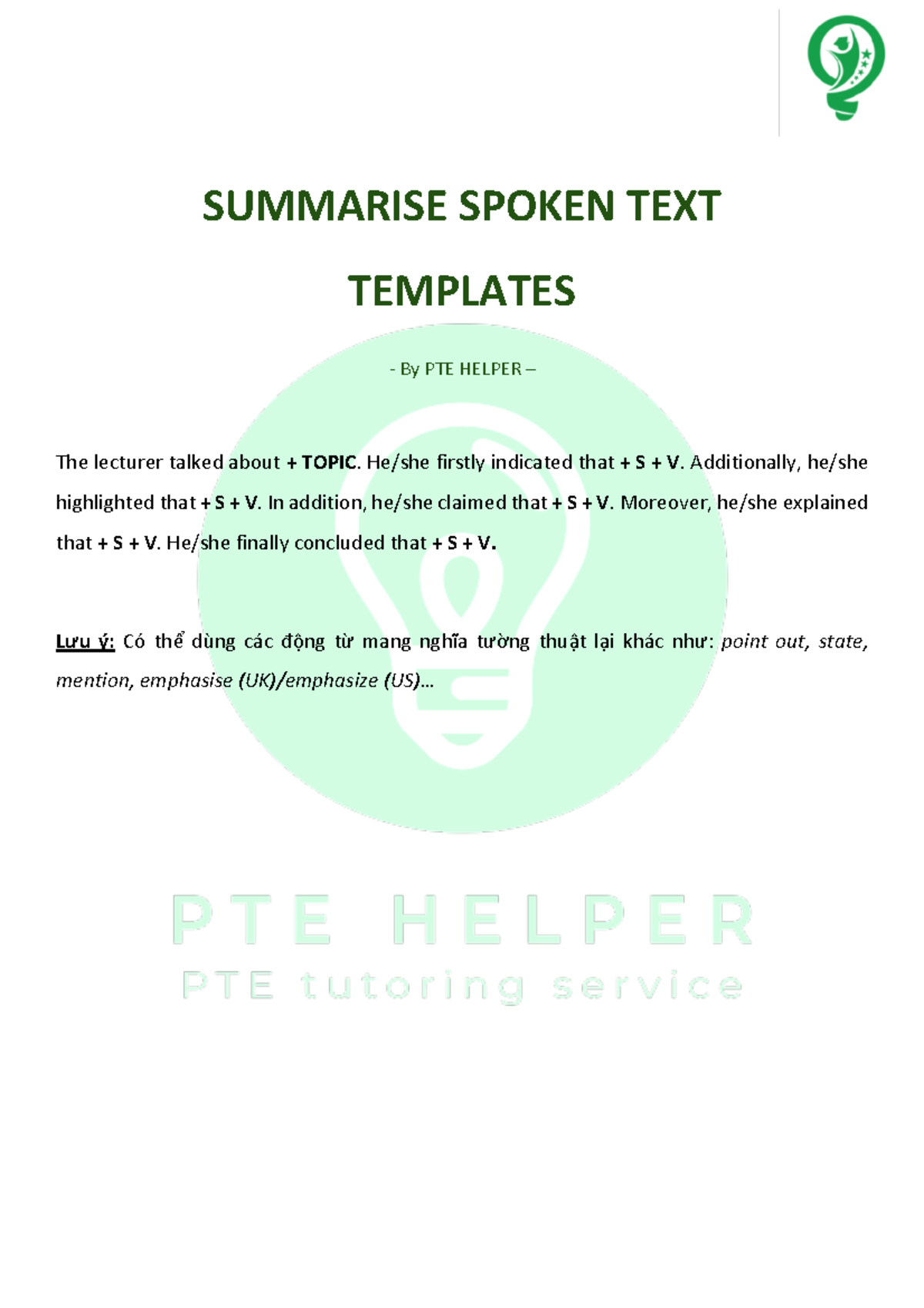 Summarise Spoken Text Template - English Foundation 1 - SUMMARISE ...