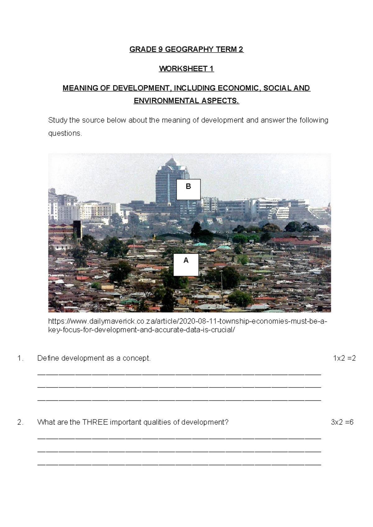 Grade 9 Geography Term 2: Worksheets on Development Concepts and ...