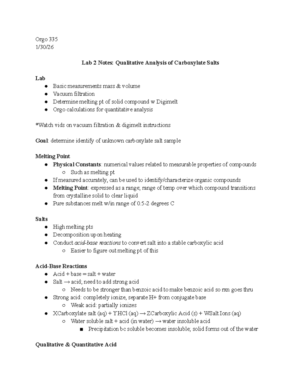 Orgo 335 Lab 2 Notes: Qualitative Analysis of Carboxylate Salts - Studocu