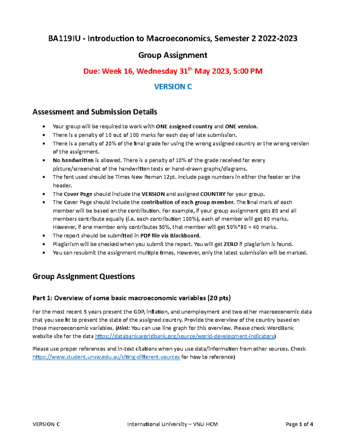Version C BA119IU Macroeconomics Group Assignment Instructions ...