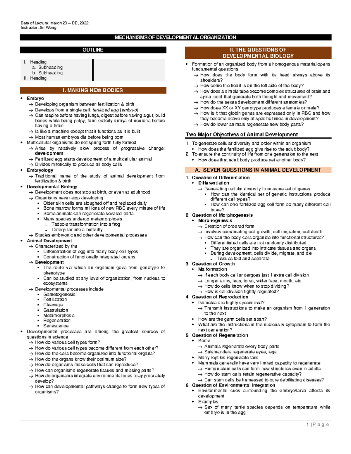 BIO 222 Final Exam Notes: Mechanisms of Developmental Organization ...