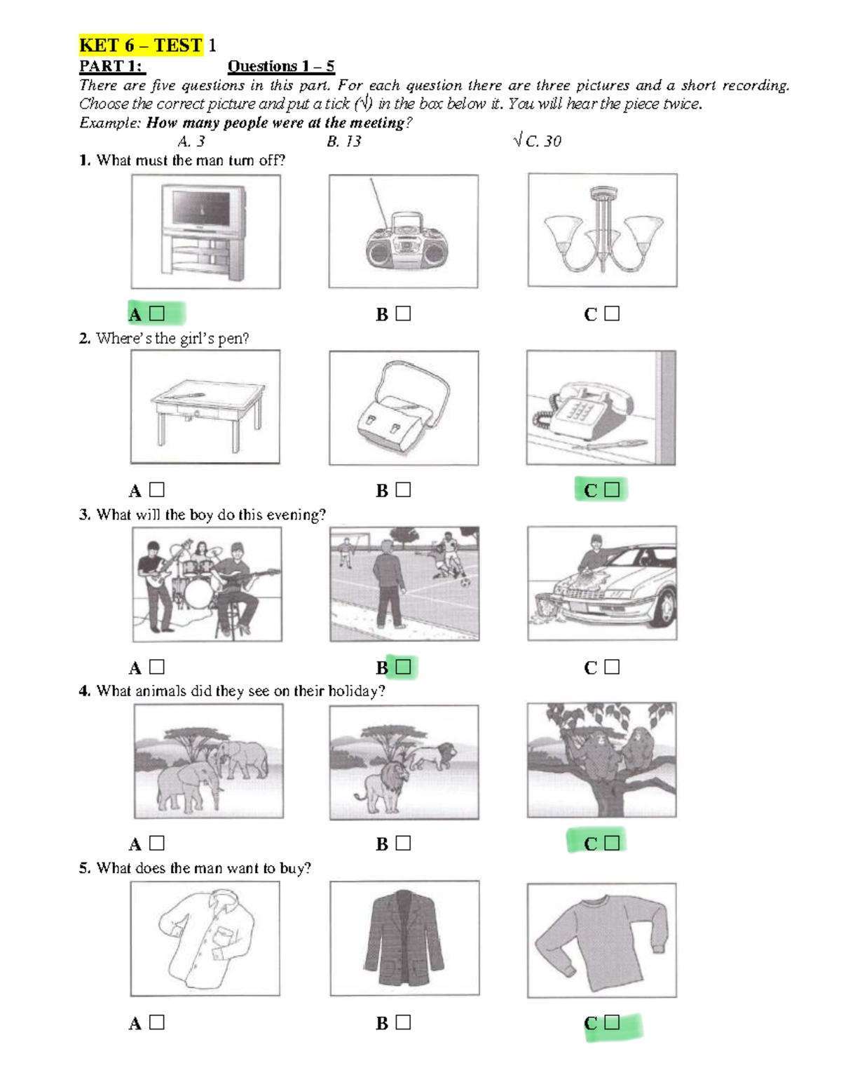 KET 6 & 7 TESTS: Listening Questions & Answers for Parts 1-5 - Studocu