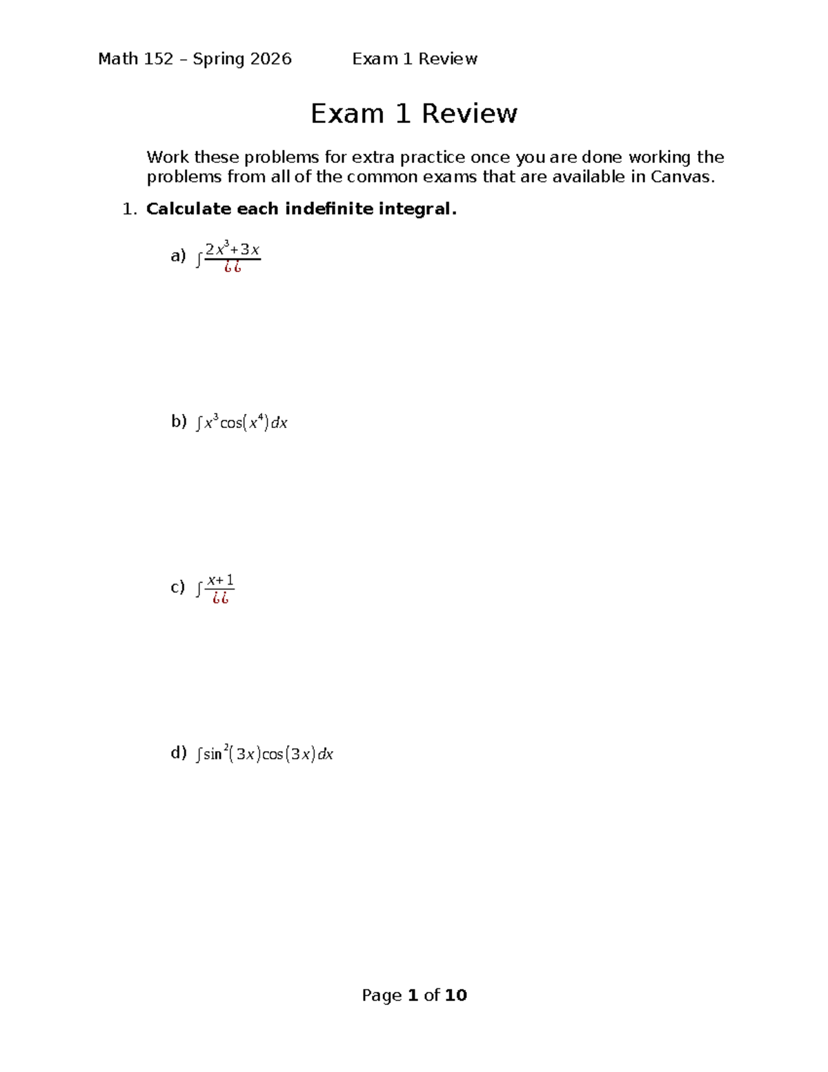 Math 152 Spring 2026 Exam 1 Review: Integral Practice Problems - Studocu