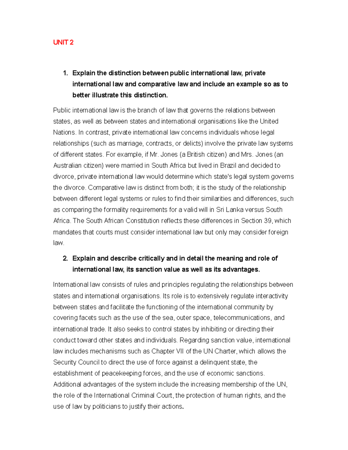 Unit 1 Practice Questions: Distinctions in International Law - Studocu