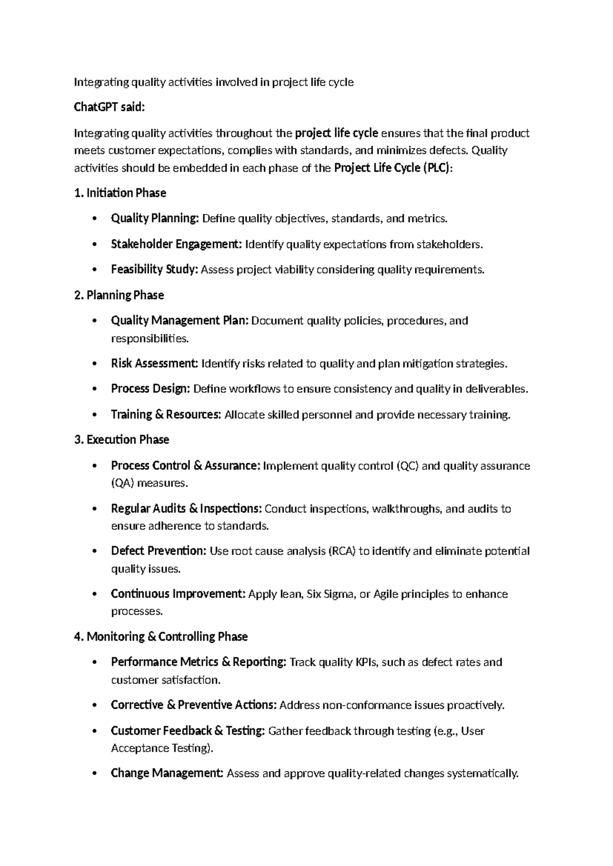 Integrating Quality Activities in Project Life Cycle (SQA IA1) - Studocu