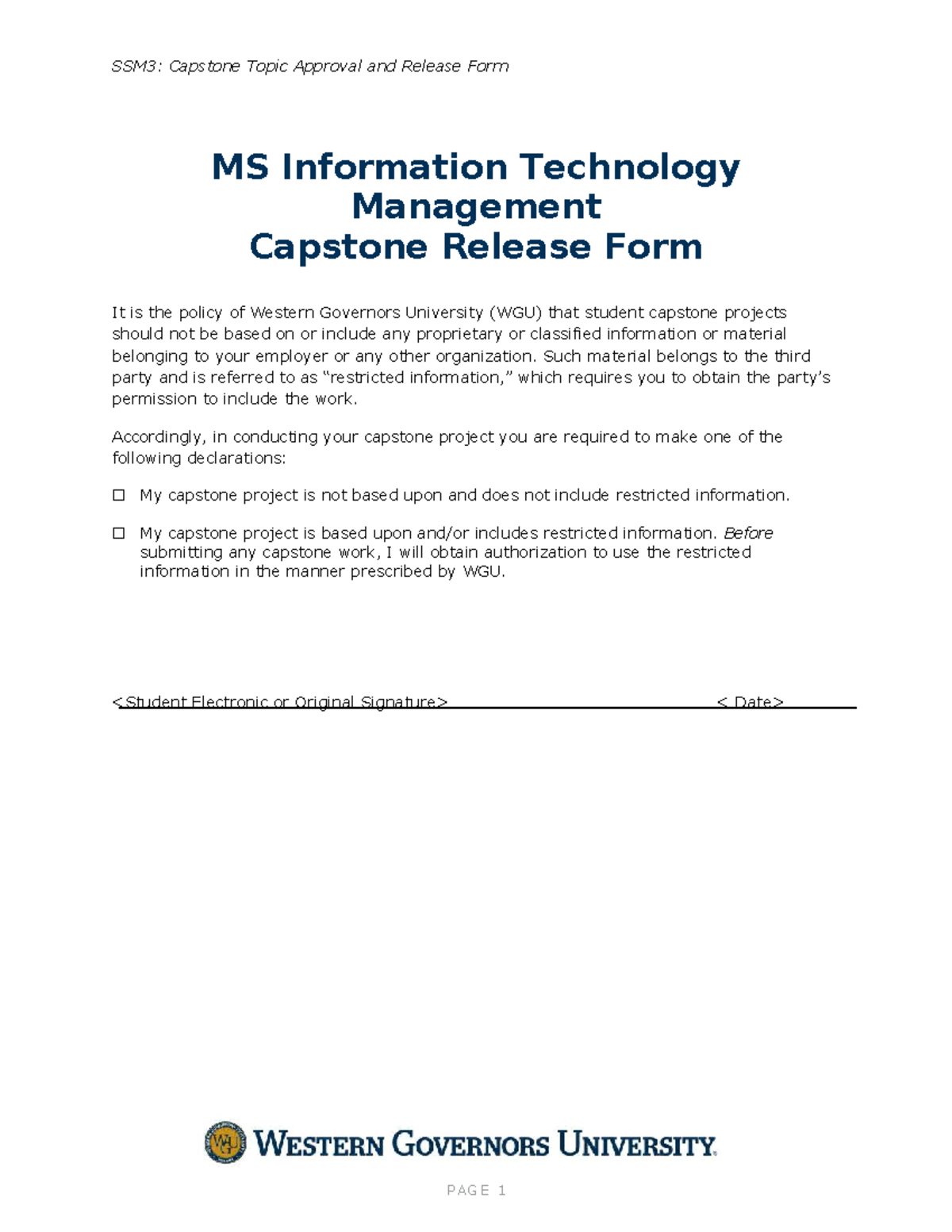 SSM3: MSITM Capstone Project Approval & Info Release Form - Studocu