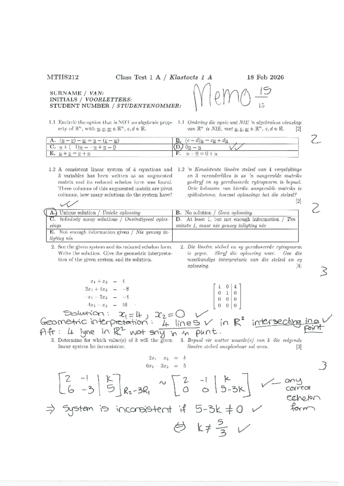 MTHS212 Class Test 1 Memo - Algebra and Linear Systems Solutions - Studocu