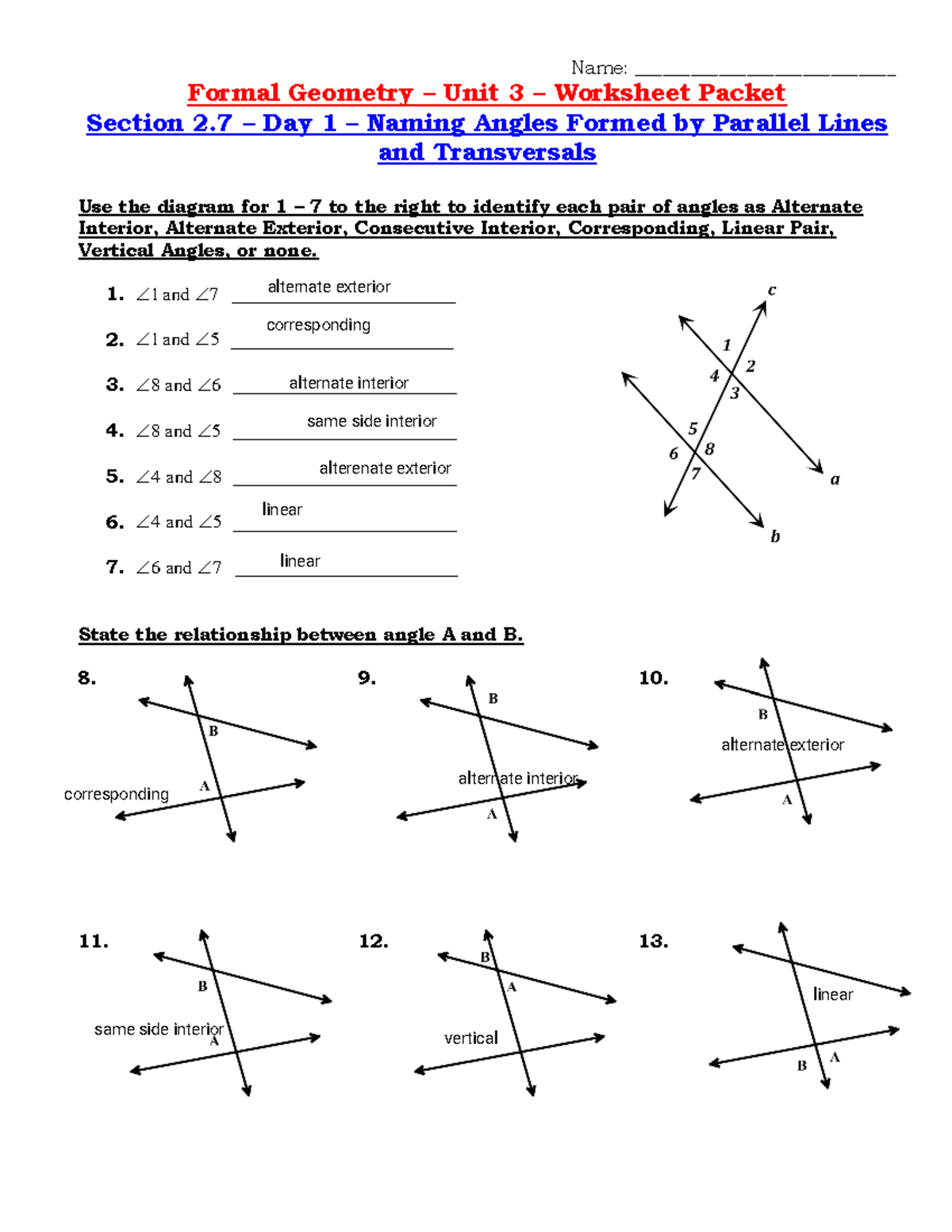Formal Geometry Unit 3 Worksheet: Naming Angles with Parallel Lines ...