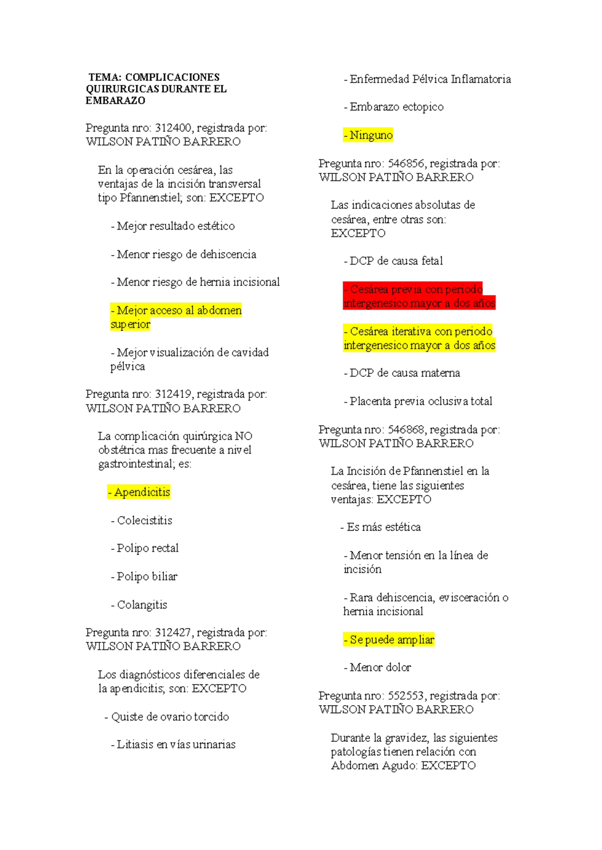 Banco de Ginecología: Complicaciones Quirúrgicas en Embarazo - Document Preview