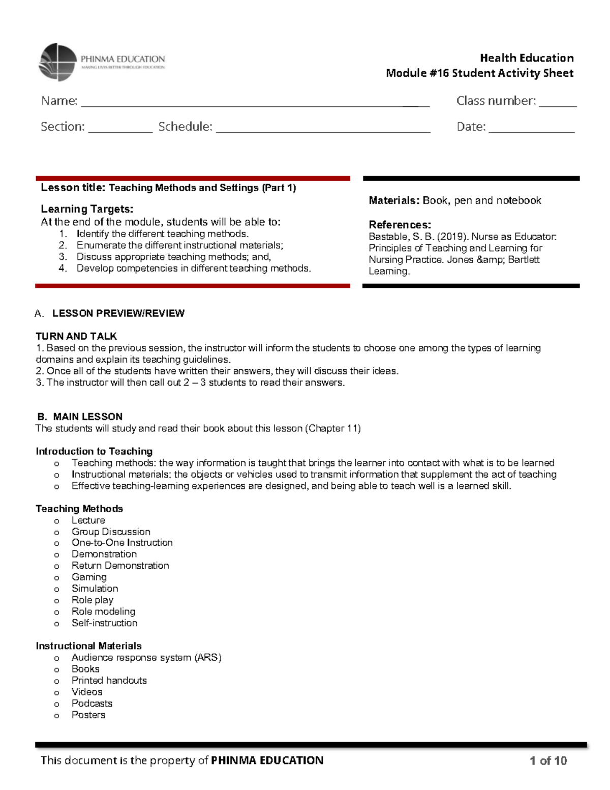 HE 101: Teaching Methods and Settings - Student Activity Sheet - Studocu