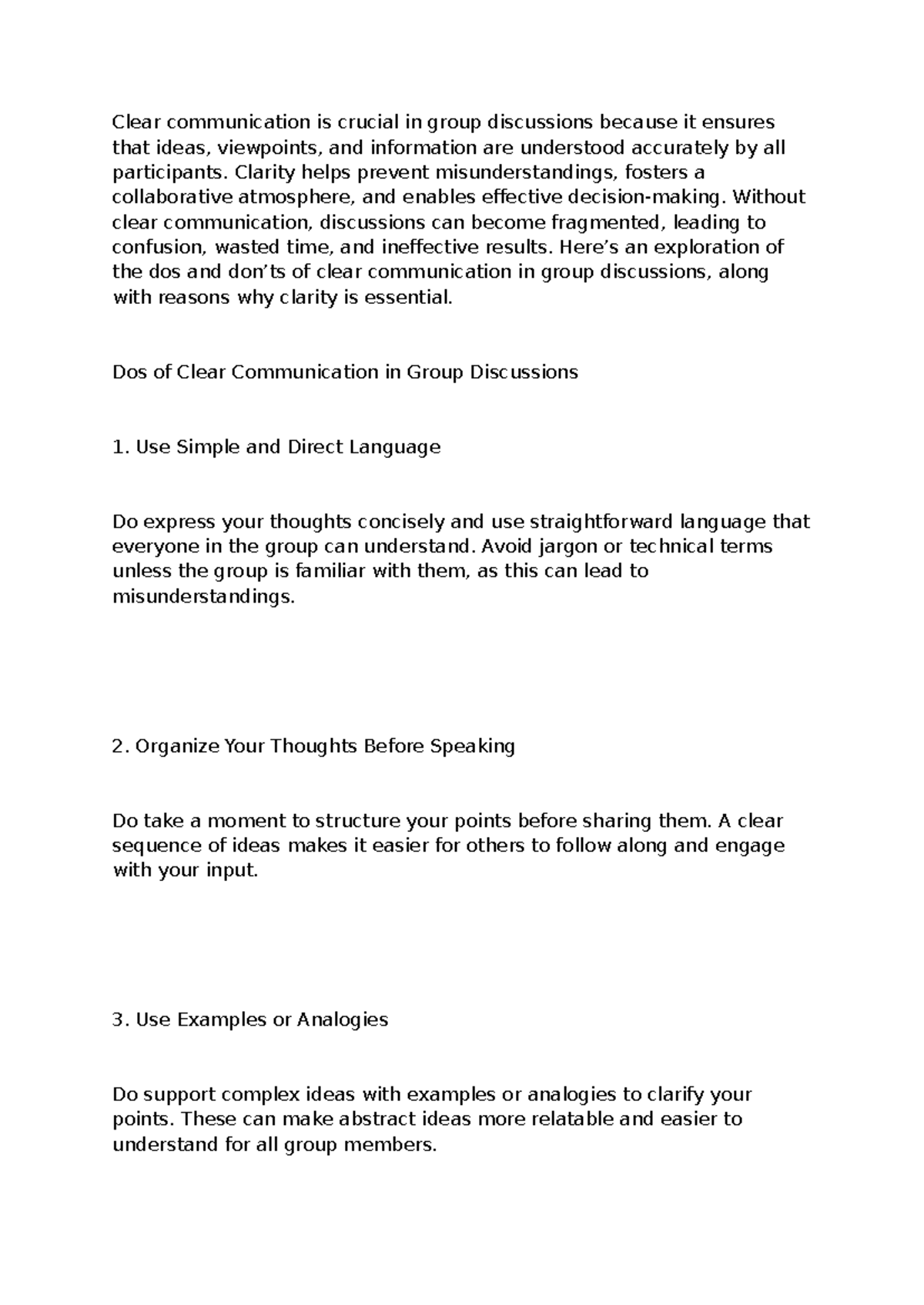 Clear communication is crucial in group discussions because it ensures ...