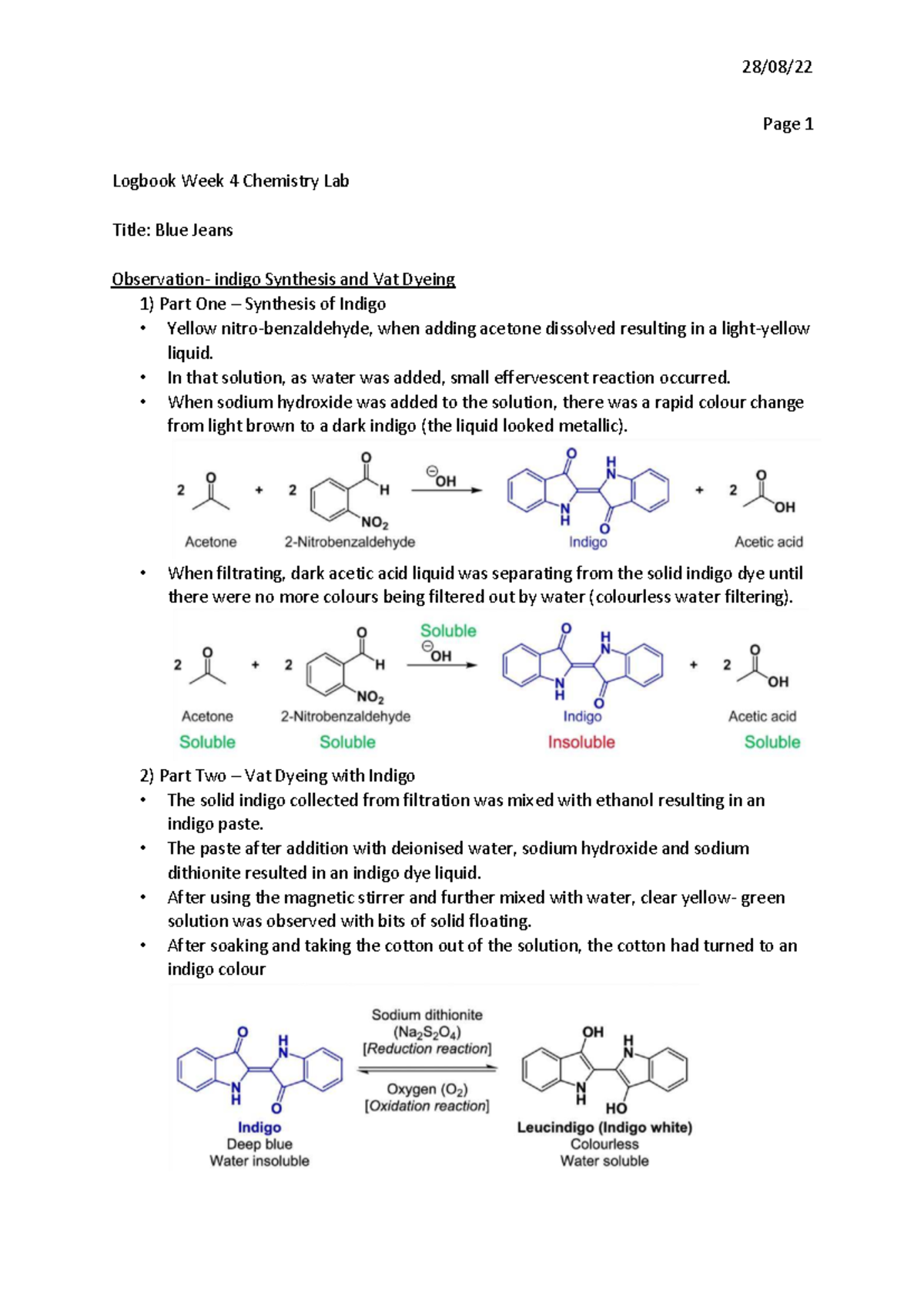 Log Book E1: Week 4 Chemistry Lab on Indigo Synthesis & Vat Dyeing ...