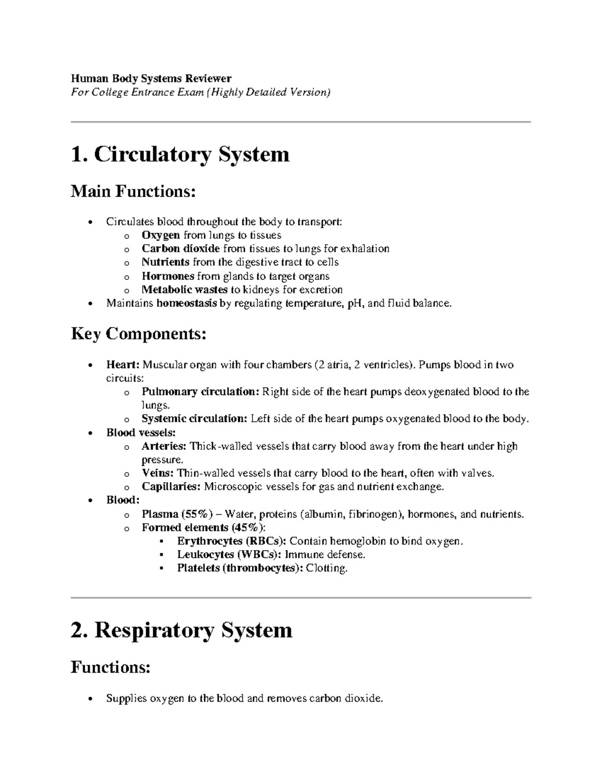Human Body Systems Review for College Entrance Exam (Detailed) - Studocu