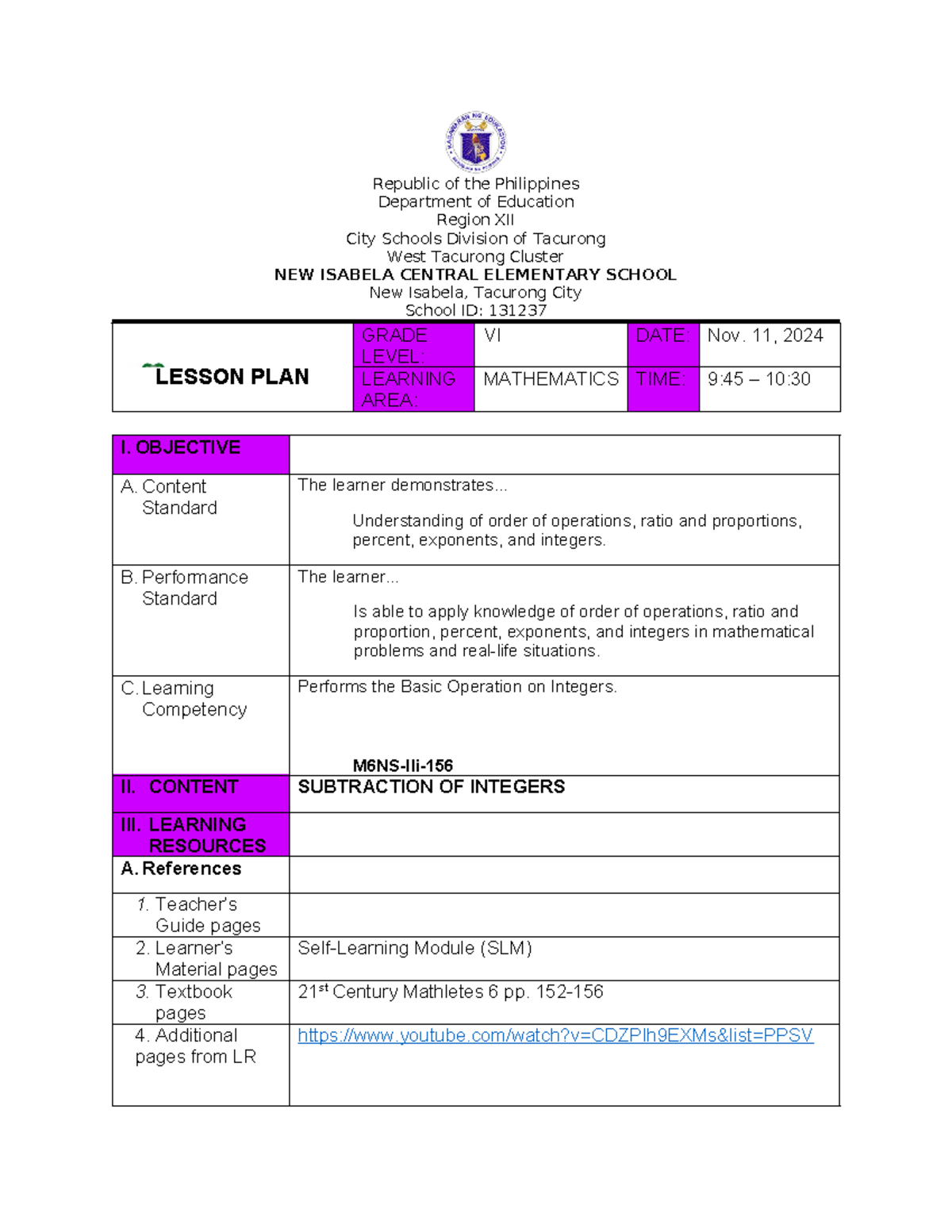 Math2 - LP - lesson plan - Republic of the Philippines Department of ...