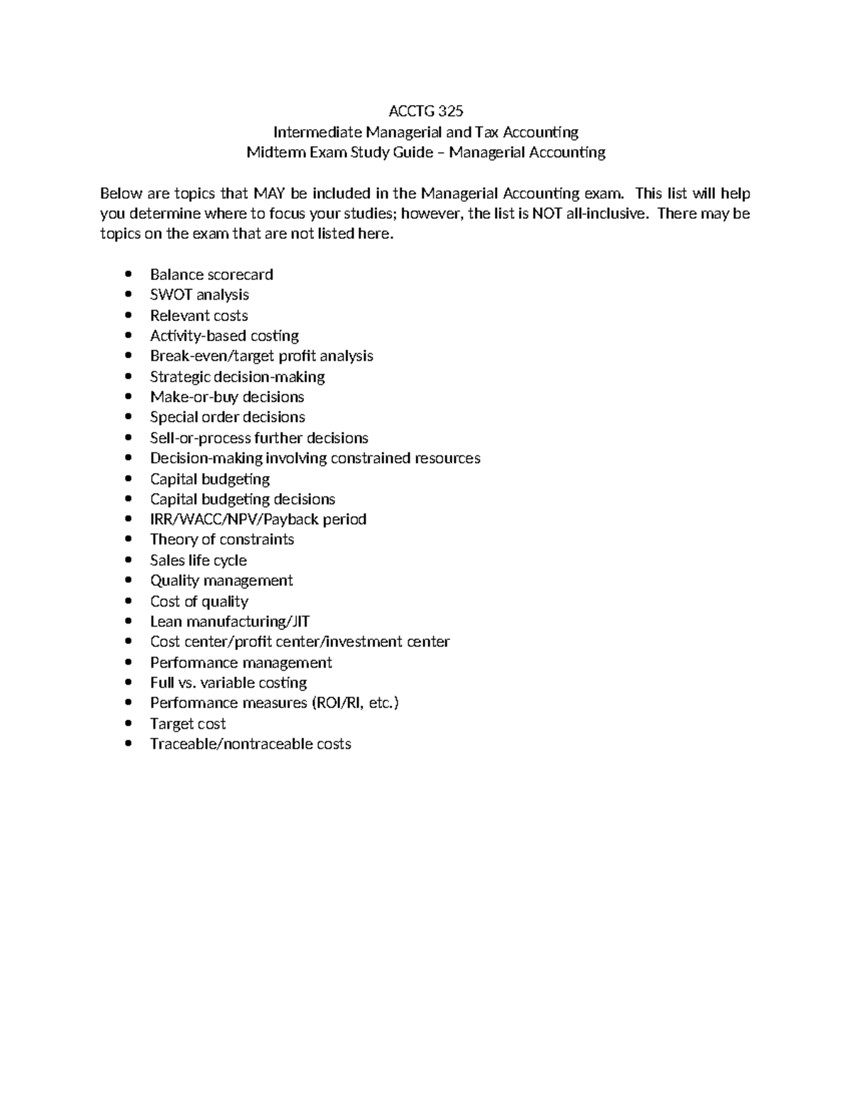 ACCTG 325 Midterm Exam Study Guide for Managerial Accounting - Studocu