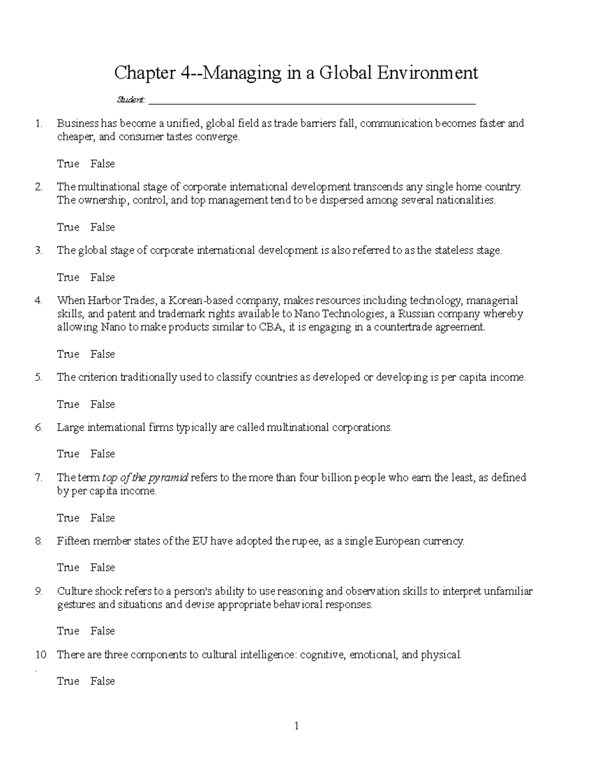 TEST BANK for Chapter 4: Managing in a Global Environment - Studocu