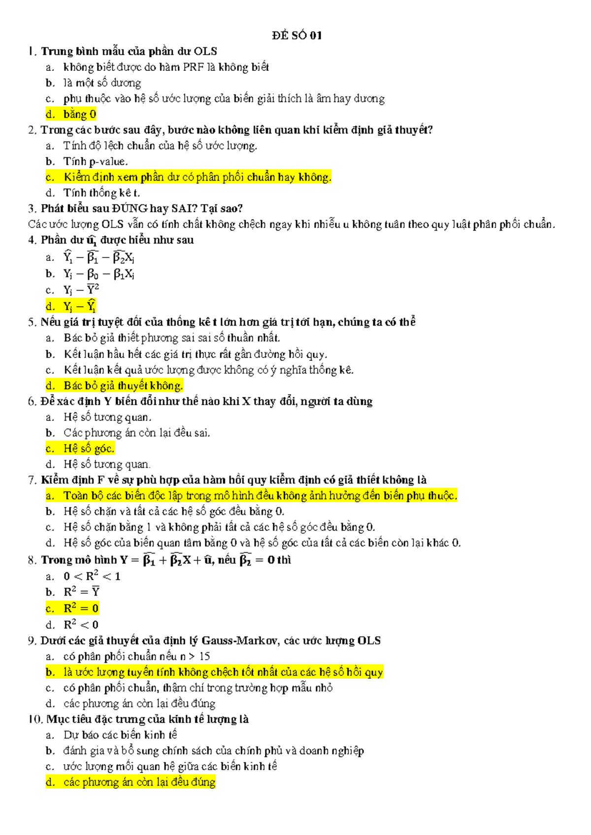 ĐỀ ÔN THI KINH TẾ LƯỢNG CUỐI KỲ - ĐỀ SỐ 01 - Document Preview