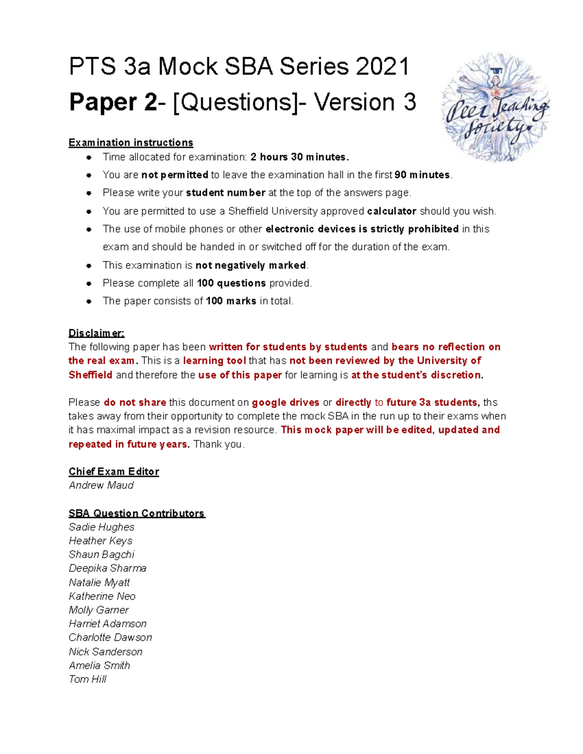 PTS 3a Mock SBA Series 2021: Paper 2 Questions - Version 3 Overview ...