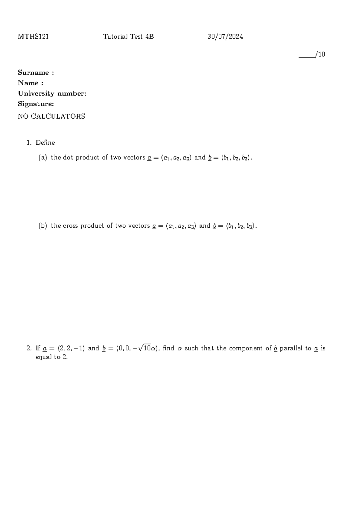 MTHS121 Tutorial Test 4B: Vector Operations and Components - Studocu