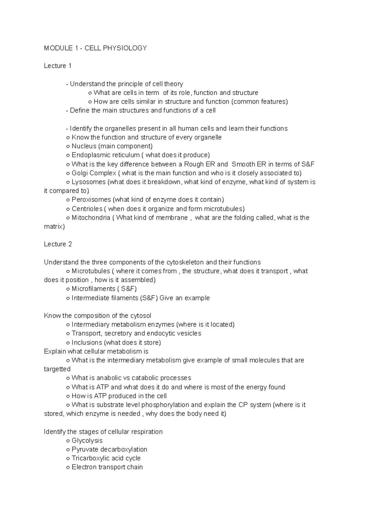 Module 1 - Cell Physiology Lecture Notes & Key Concepts - Studocu