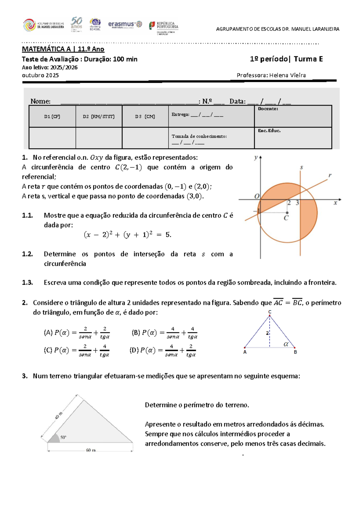 Teste de Avaliação de Matemática 11.º Ano - 11ºE Versão A - Studocu