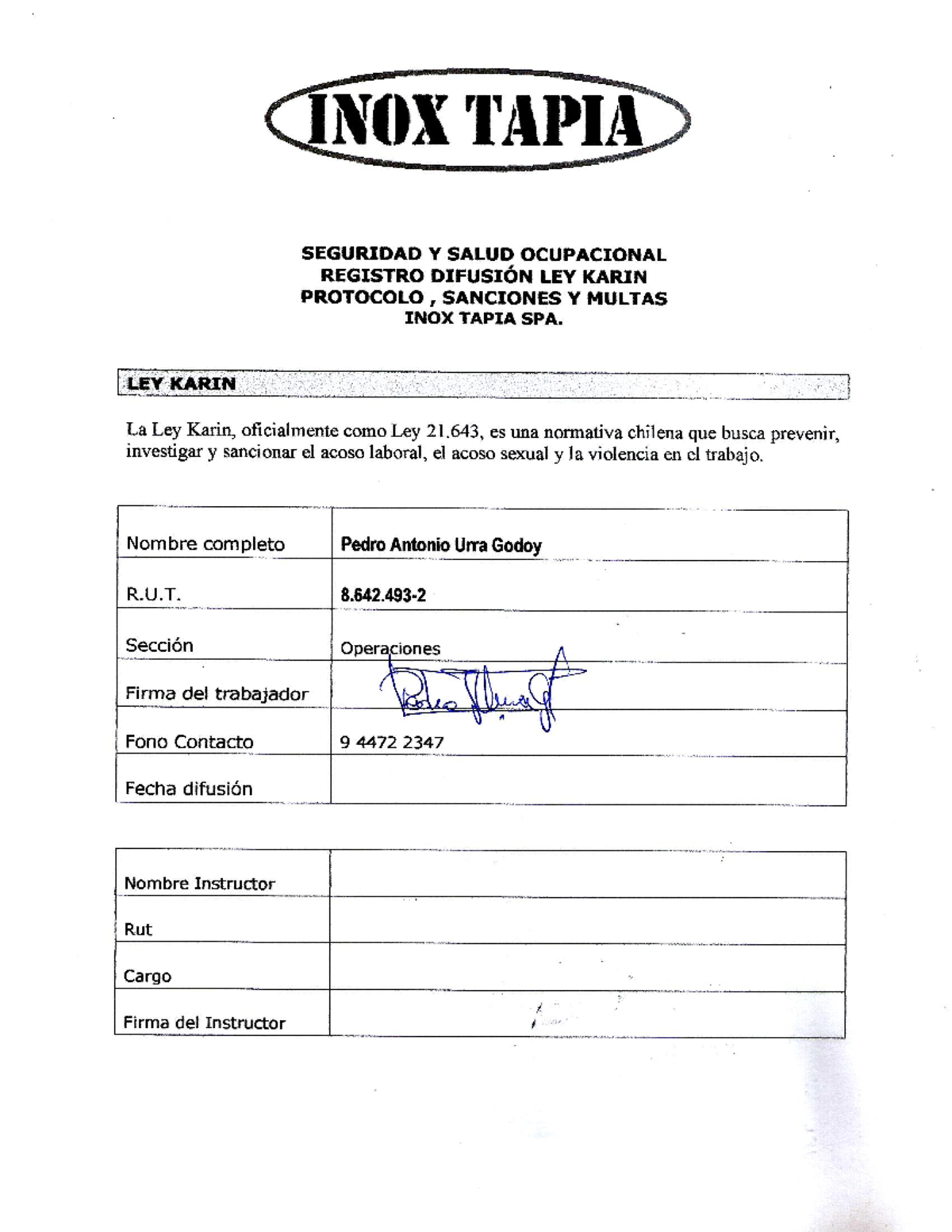 Registro de Difusión Ley Karin - INOX TAPIA SPA - Protocolo y Sanciones ...