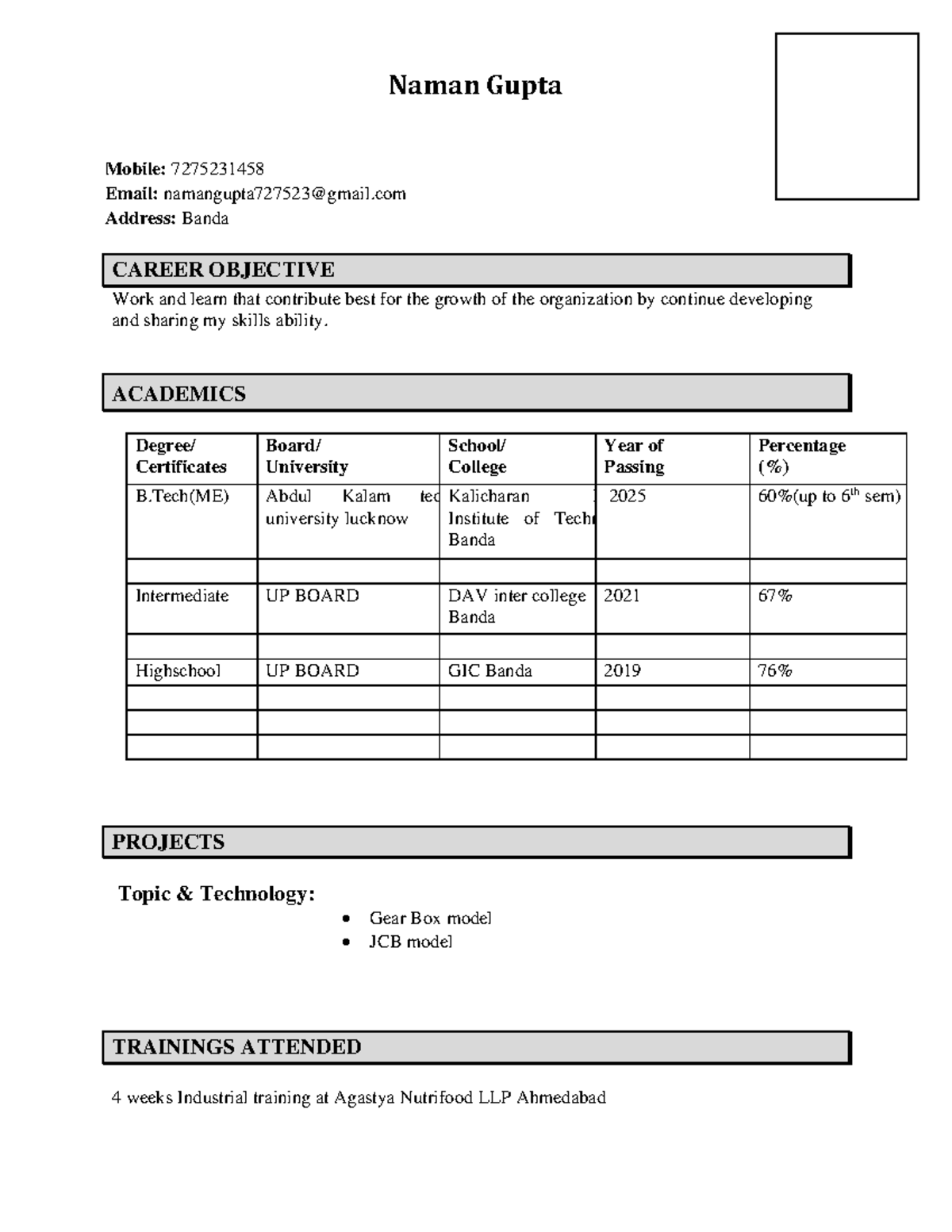 B.Tech (ME) Resume of Naman Gupta - Career Objective & Skills - Studocu