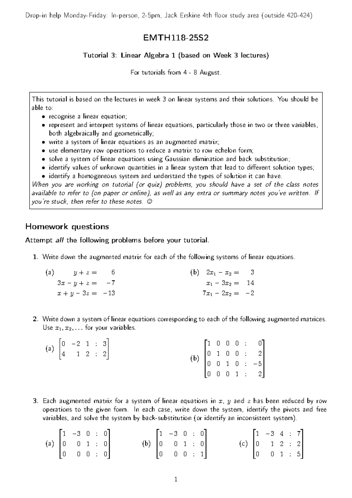 EMTH118 S2 Tutorial 03: Linear Algebra Week 3 Questions - Studocu