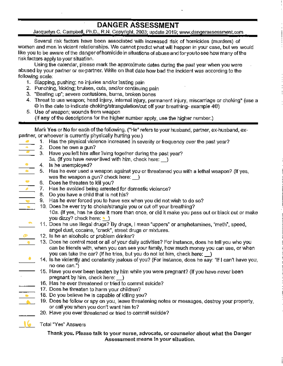 Danger assessment - Mental health - DANGER ASSESSMENT Jacquelyn C ...