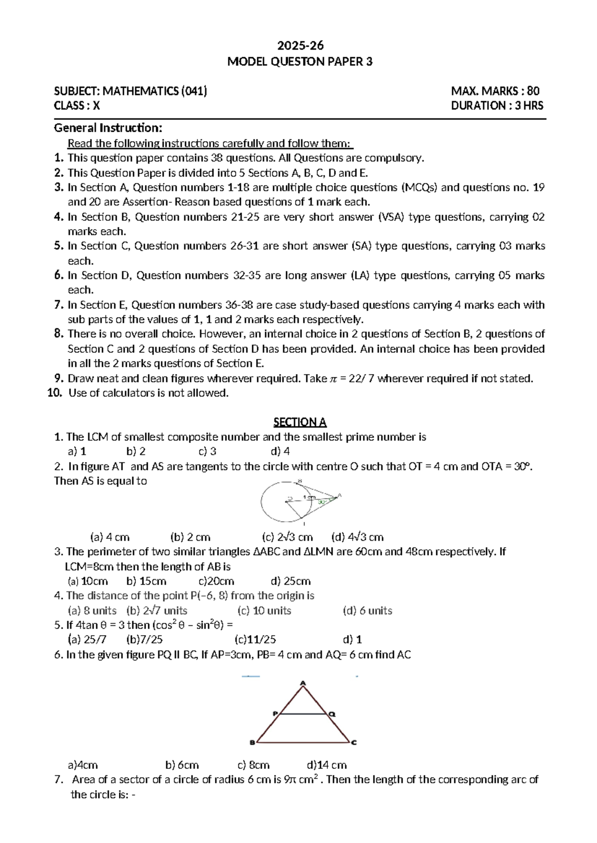 Mathematics Model Question Paper 3 for Class X (041) - 80 Marks - Studocu